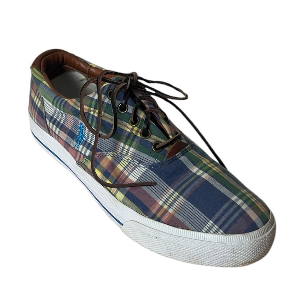 Polo Ralph Lauren Men’s Shoes Canvas Madras Vaughn Blue Pink Plaid Size 10D
